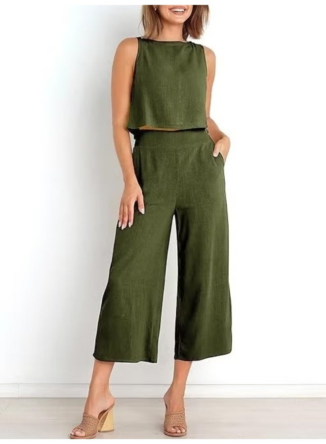 Barbora Linen Summer High Waist Capri Pants Back Detail Sleeveless Two Piece Set LN26HAKI4 - Image 5